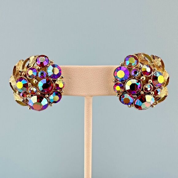 kramer Jewelry - Vintage Kramer Rhinestone Earrings Pink Aurora Borealis Gold Tone Clip On Signed